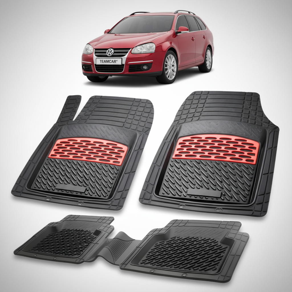 set de covorase din cauciuc negre cu accente rosii cu un Volkswagen golf 5 variant rosu in fundal