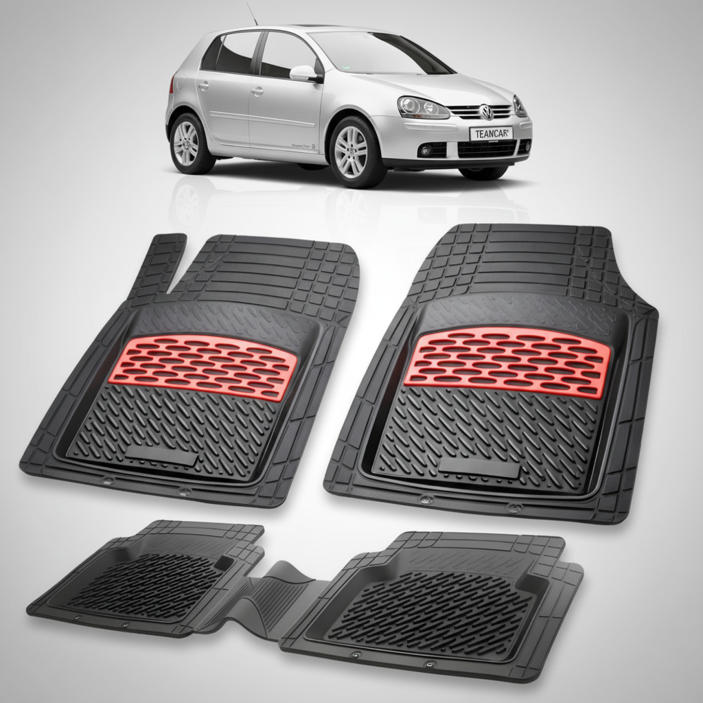 set de covorase din cauciuc negre cu accente rosii cu un Volkswagen golf 5 argintiu in fundal