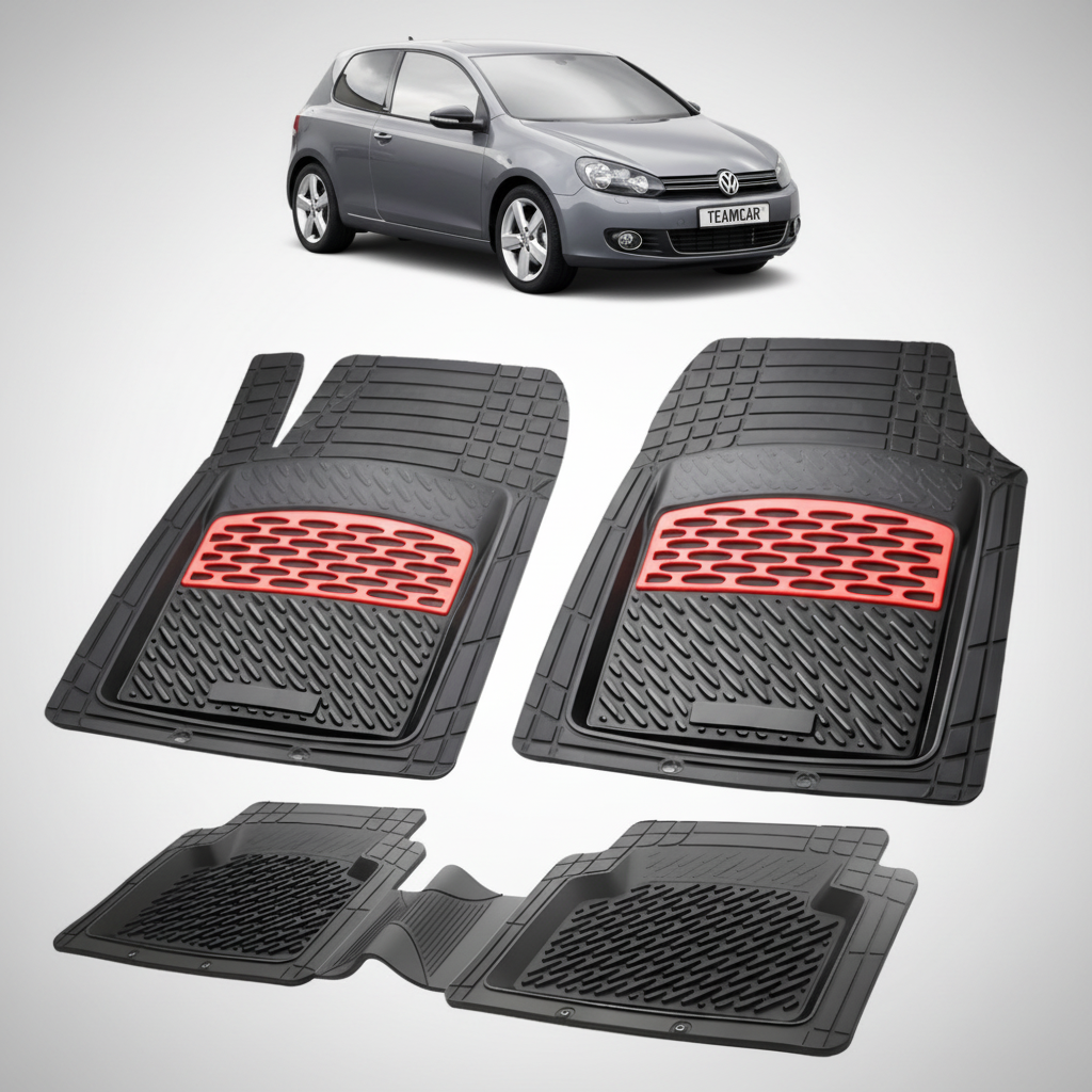 set de covorase din cauciuc negre cu accente rosii cu un volkswagen golf 6 hatchback 5 usi gri inchis in fundal
