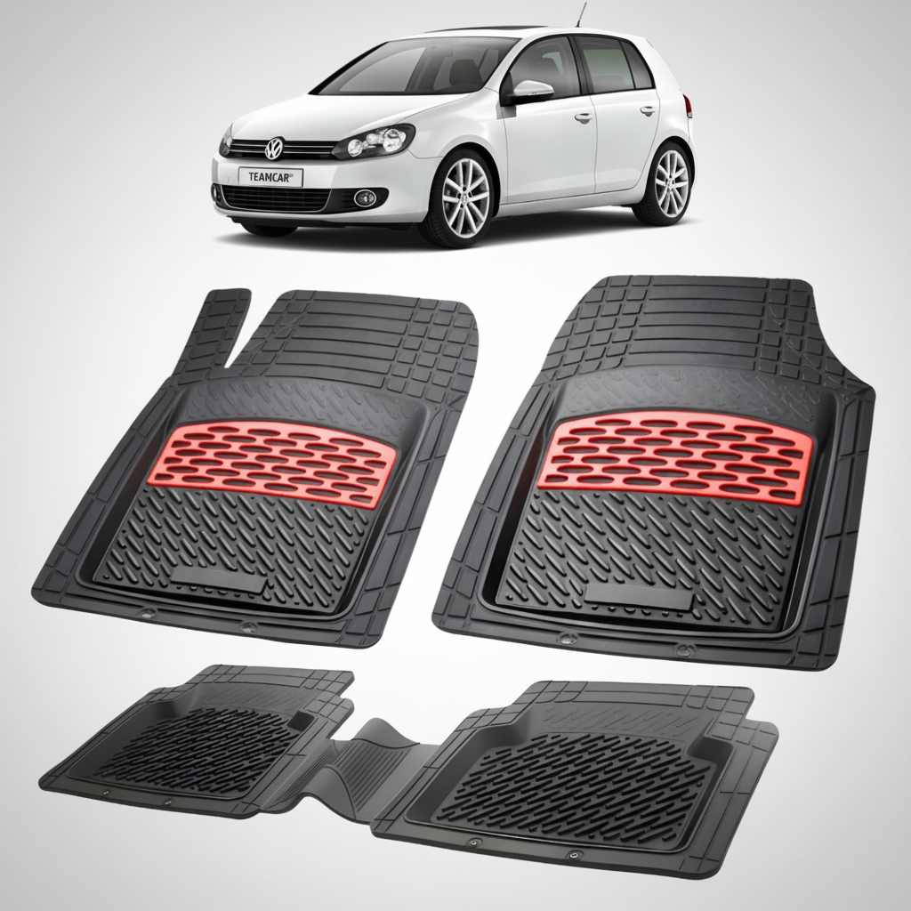 set de covorase din cauciuc negre cu accente rosii cu un volkswagen golf 6 hatchback 5 usi alb in fundal