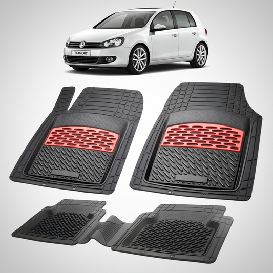 set de covorase din cauciuc negre cu accente rosii cu un volkswagen golf 6 hatchback 5 usi alb in fundal
