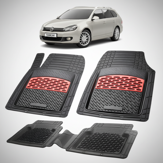set de covorase din cauciuc negre cu accente rosii cu un volkswagen golf 6 variant gri in fundal