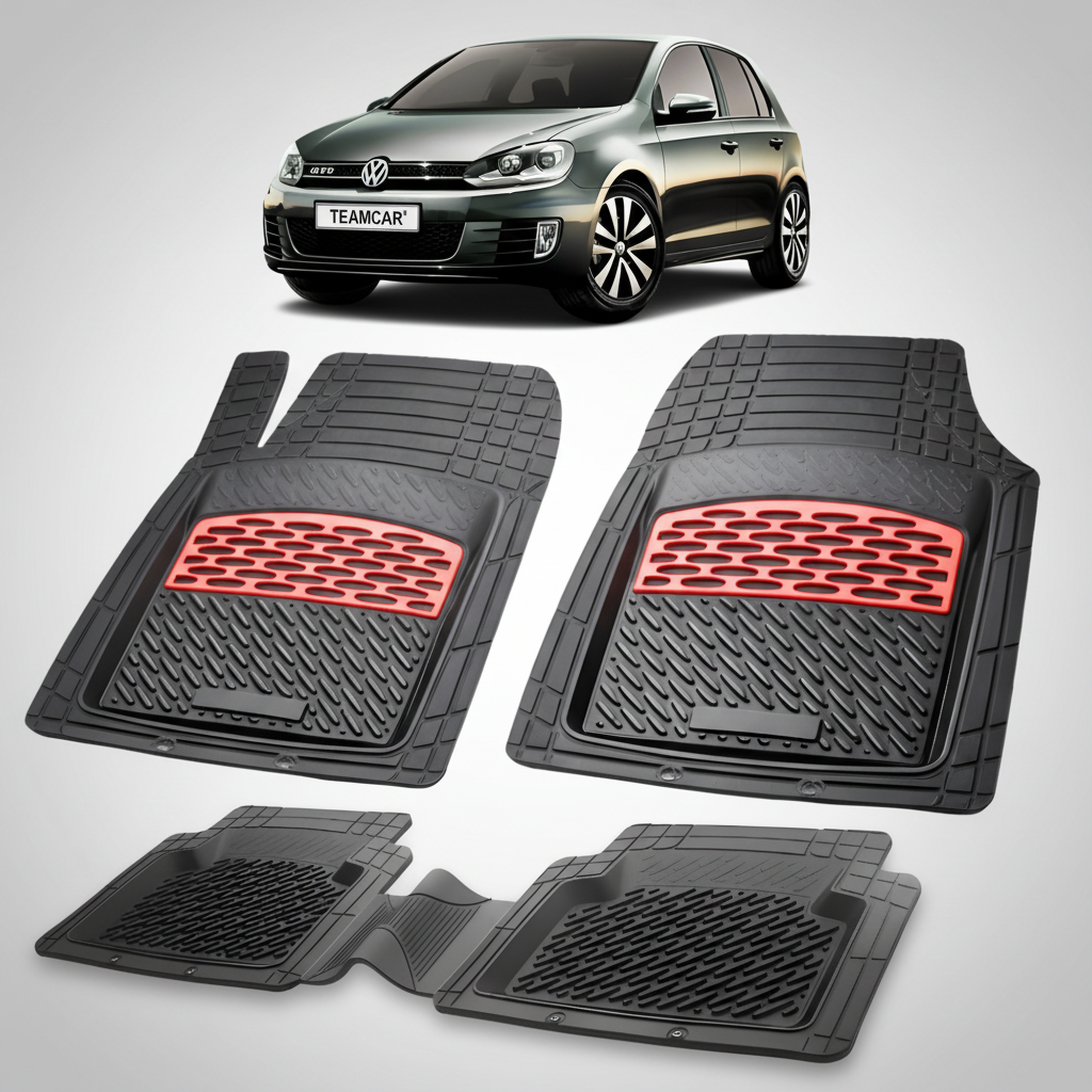 set de covorase din cauciuc negre cu accente rosii cu un Volkswagen golf 6 negru in fundal