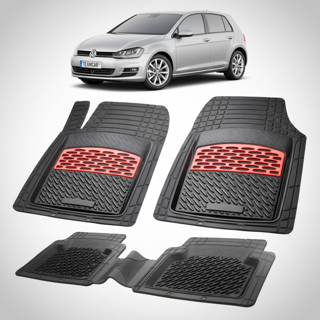 set de covorase din cauciuc negre cu accente rosii cu un volkswagen golf 7 hatchback gri deschis in fundal