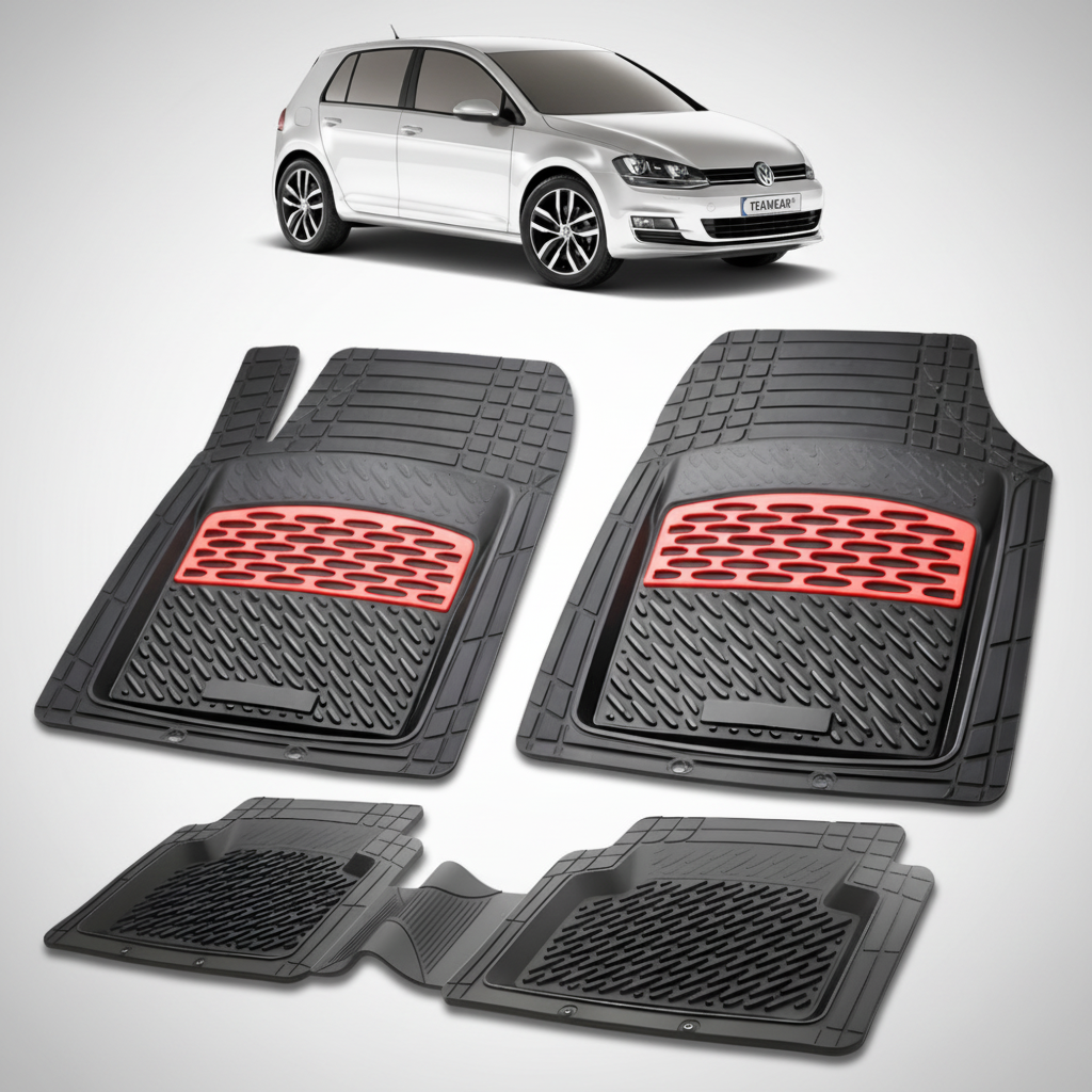 set de covorase din cauciuc negre cu accente rosii cu un volkswagen golf mk7 hatchback argintiu in fundal