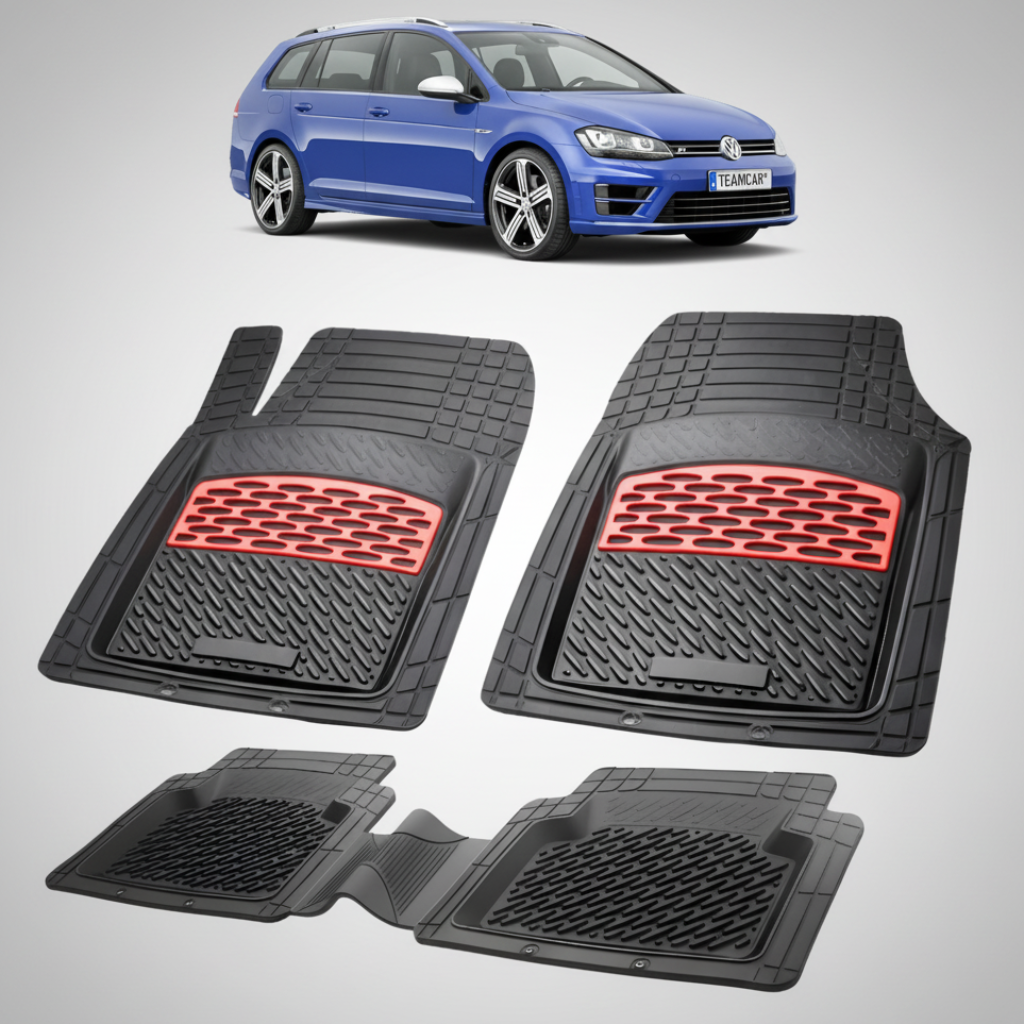 set de covorase din cauciuc negre cu accente rosii cu un volkswagen golf 7 variant albastru in fundal