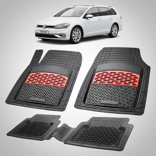 set de covorase din cauciuc negre cu accente rosii cu un volkswagen golf 7 variant alb in fundal