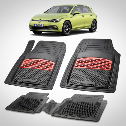 set de covorase din cauciuc negre cu accente rosii cu un volkswagen golf 8 hatchback verde lime in fundal
