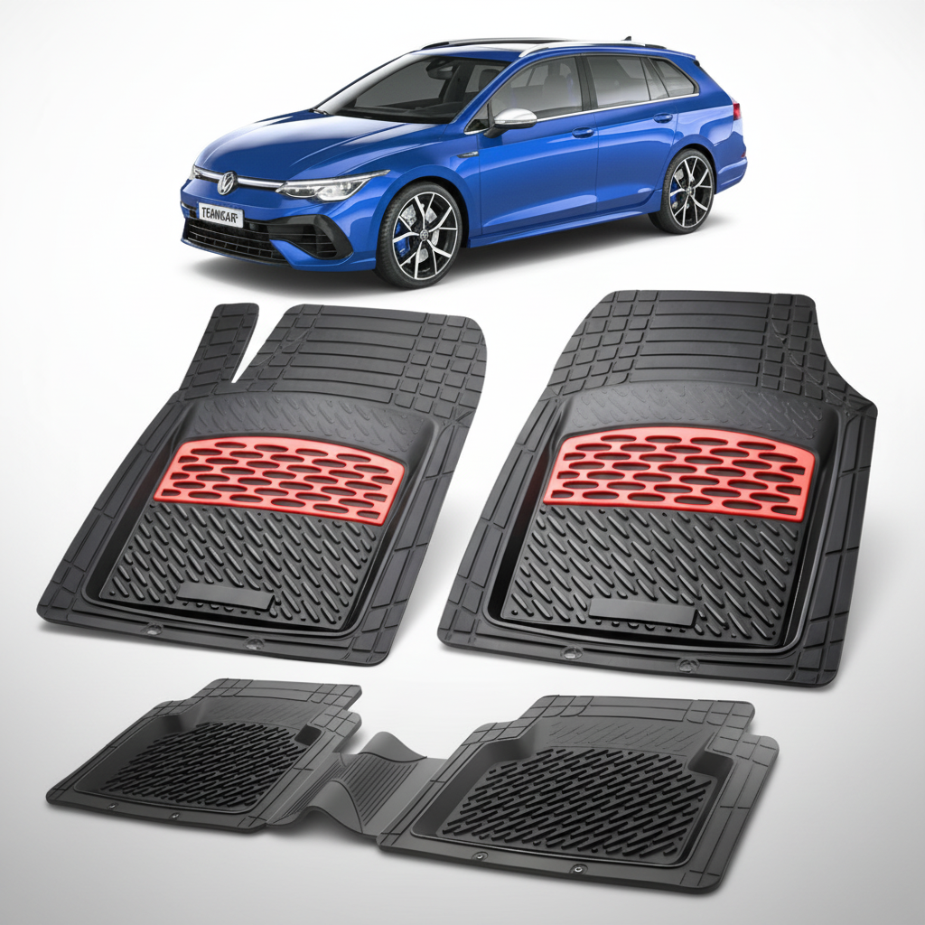 set de covorase din cauciuc negre cu accente rosii cu un Volkswagen golf 8 mk8 variant albastru in fundal