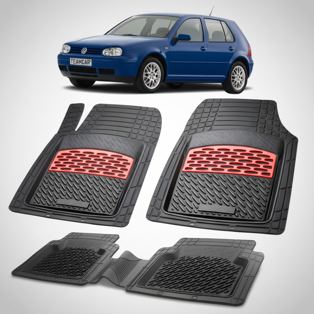set de covorase din cauciuc negre cu accente rosii cu un Volkswagen golf IV hatchback albastru in fundal