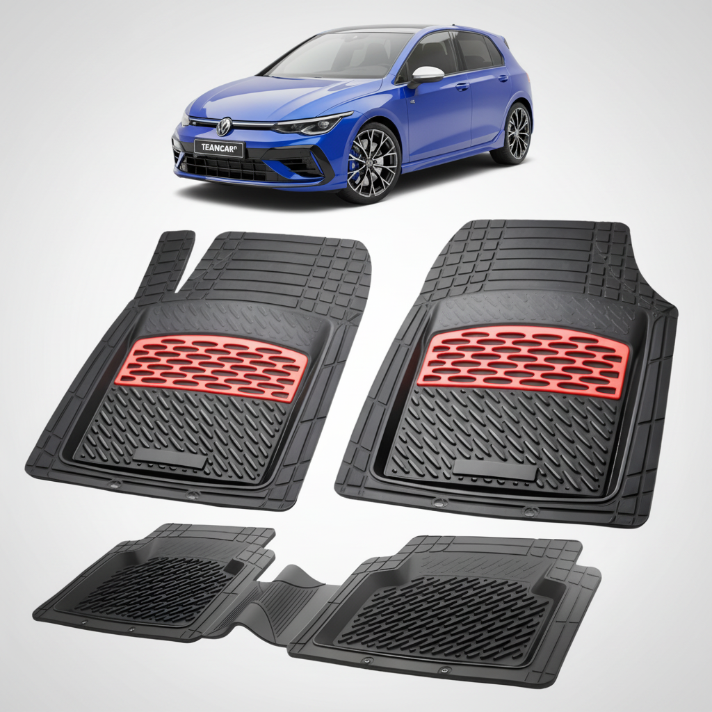 set de covorase din cauciuc negre cu accente rosii cu un volkswagen golf mk8 hatchback 5 usi albastru in fundal