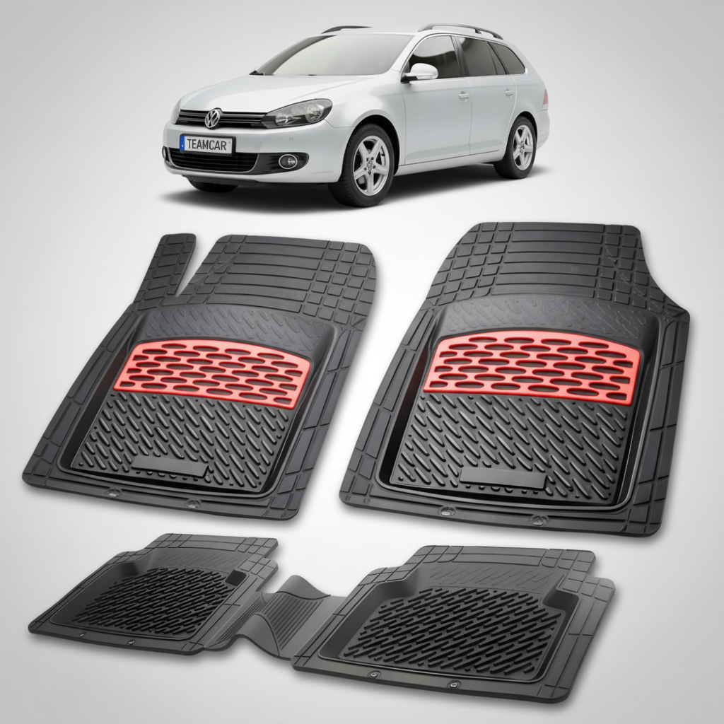 set de covorase din cauciuc negre cu accente rosii cu un volkswagen golf mk6 variant break argintiu in fundal