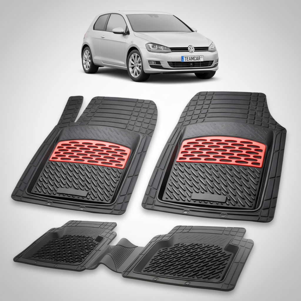 set de covorase din cauciuc negre cu accente rosii cu un volkswagen golf mk7 hatchback 3 usi gri in fundal