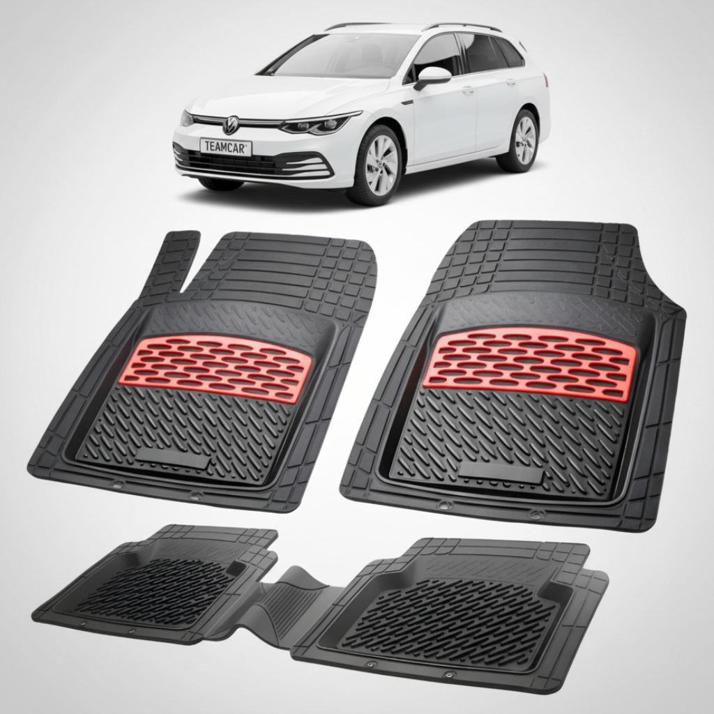 set de covorase din cauciuc negre cu accente rosii cu un volkswagen golf mk8 variant combi alb in fundal