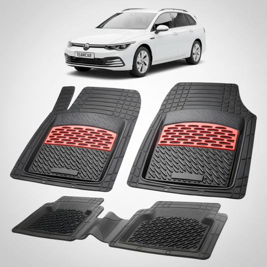 set de covorase din cauciuc negre cu accente rosii cu un volkswagen golf mk8 variant combi alb in fundal