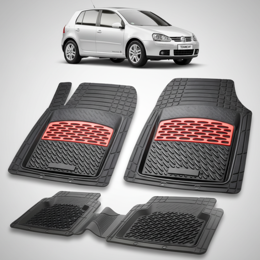 set de covorase din cauciuc negre cu accente rosii cu un volkswagen golf v hatchback gri in fundal