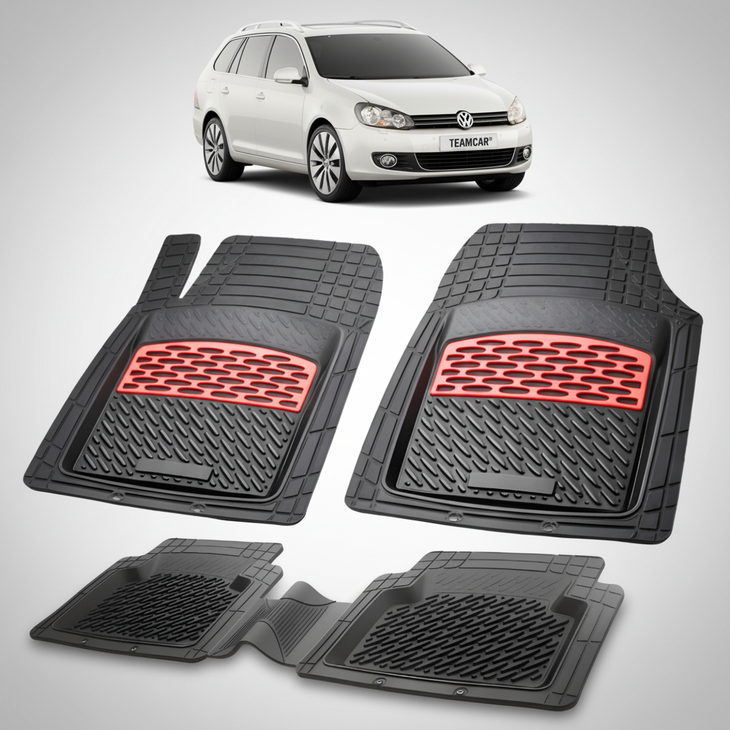 set de covorase din cauciuc negre cu accente rosii cu un volkswagen golf 6 variant argintiu in fundal