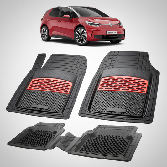 set de covorase din cauciuc negre cu accente rosii cu un volkswagen id.3 e11 electric hatchback  rosu in fundal