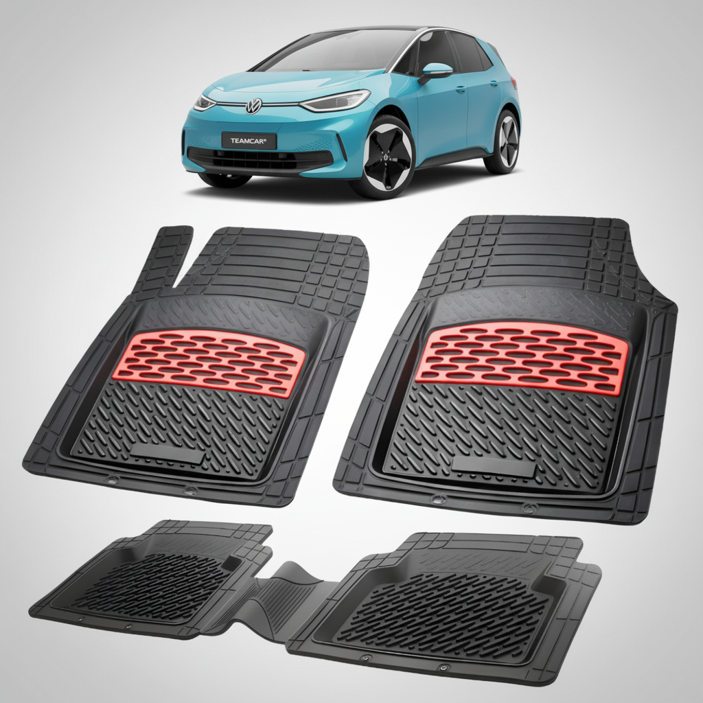 set de covorase din cauciuc negre cu accente rosii cu un volkswagen id.3 albastru in fundal