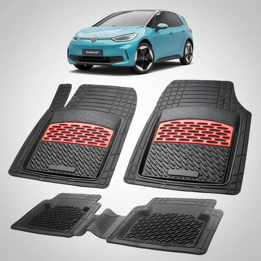 set de covorase din cauciuc negre cu accente rosii cu un volkswagen id.3 albastru in fundal