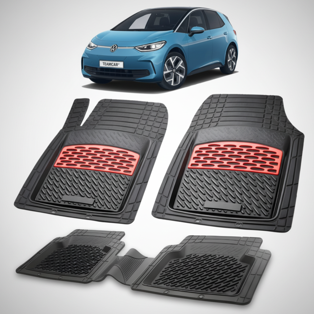 set de covorase din cauciuc negre cu accente rosii cu un volkswagen id.3 albastru in fundal