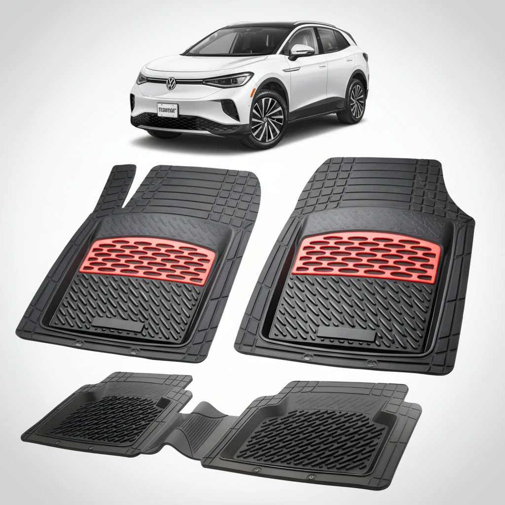 set de covorase din cauciuc negre cu accente rosii cu un volkswagen id.4 e21 electric suv alb in fundal