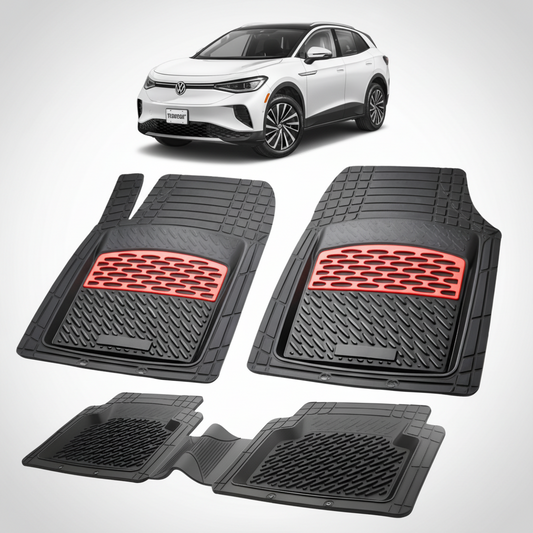 set de covorase din cauciuc negre cu accente rosii cu un volkswagen id.4 e21 electric suv alb in fundal
