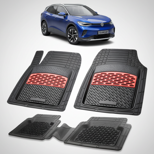 set de covorase din cauciuc negre cu accente rosii cu un volkswagen id.4 albastru in fundal