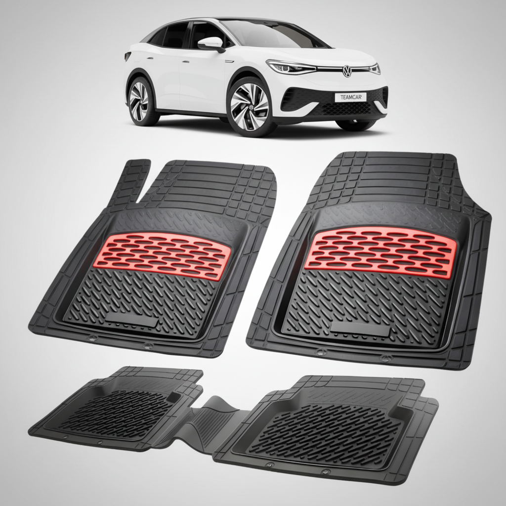 set de covorase din cauciuc negre cu accente rosii cu un volkswagen id.5 e25 alb in fundal