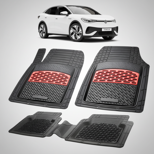set de covorase din cauciuc negre cu accente rosii cu un volkswagen id.5 e25 alb in fundal