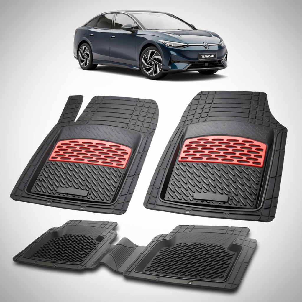 set de covorase din cauciuc negre cu accente rosii cu un volkswagen id.7 e35 electric sedan combi albastru inchis in fundal