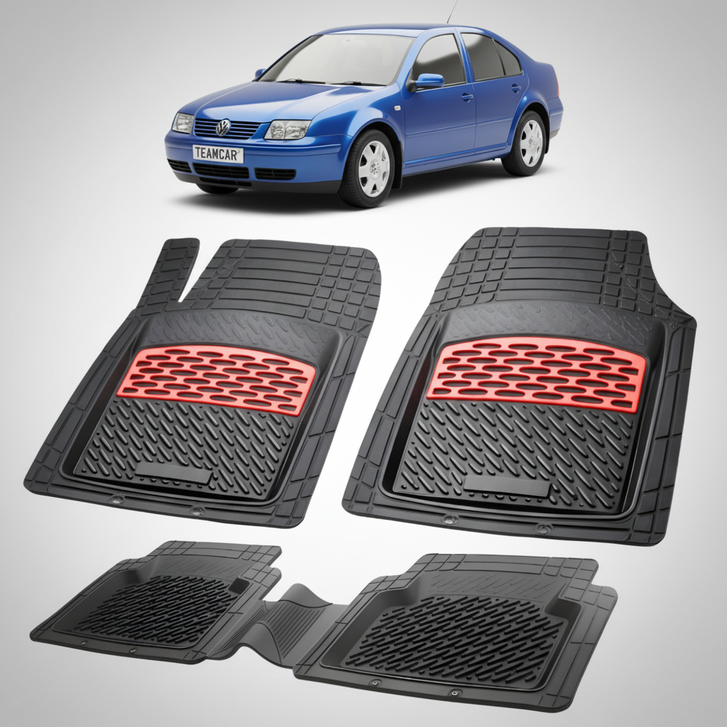 set de covorase din cauciuc negre cu accente rosii cu un volkswagen jetta 4 sedan albastru in fundal