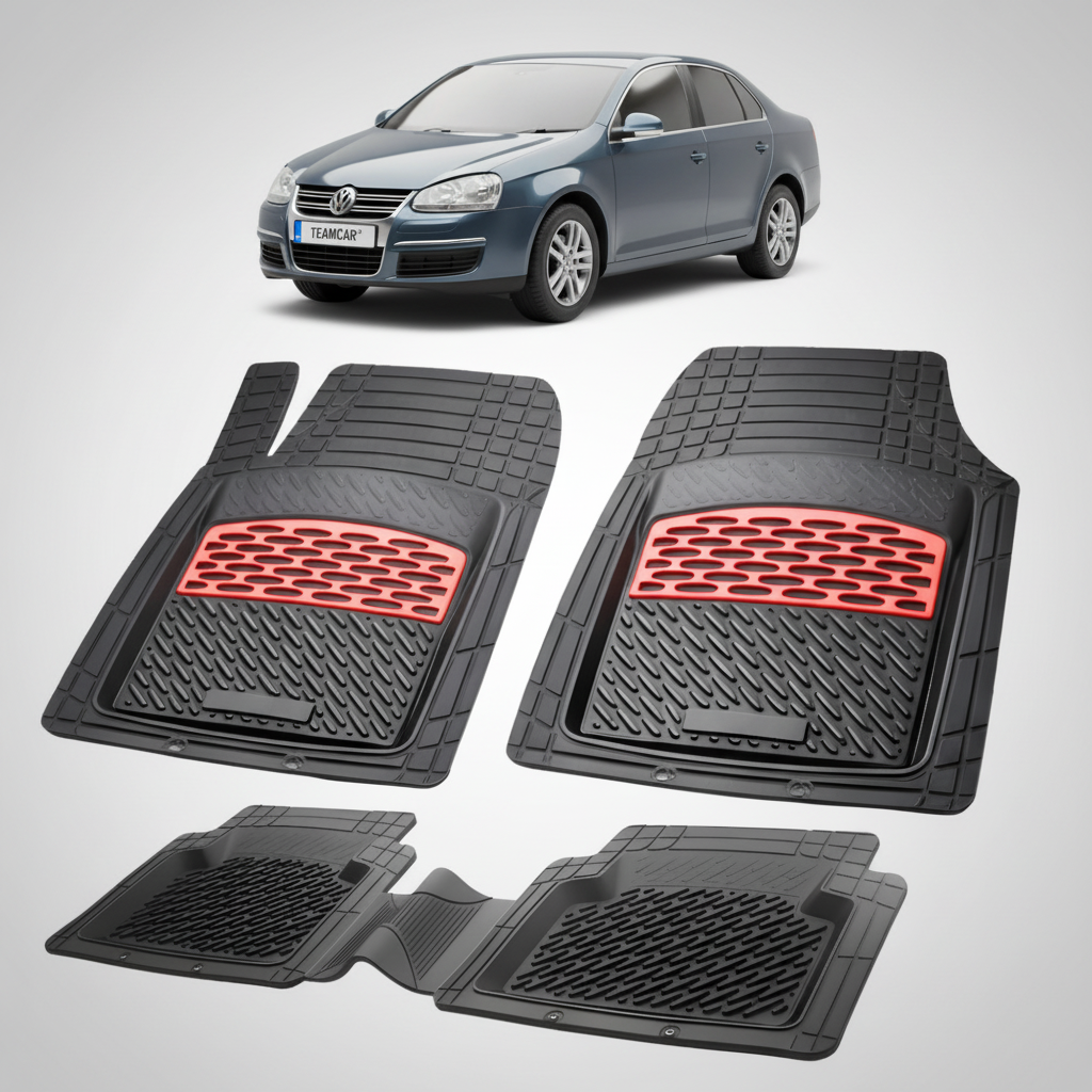set de covorase din cauciuc negre cu accente rosii cu un volkswagen jetta 5 sedan albastru gri metalizat in fundal