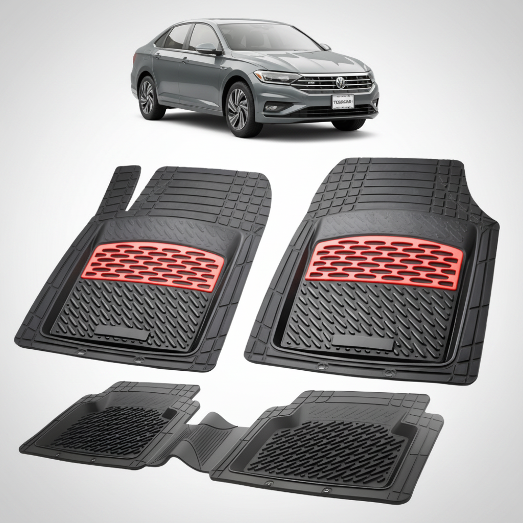 set de covorase din cauciuc negre cu accente rosii cu un volkswagen jetta 7 sedan gri inchis in fundal