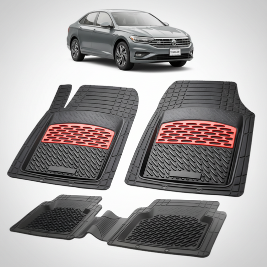 set de covorase din cauciuc negre cu accente rosii cu un volkswagen jetta 7 sedan gri inchis in fundal