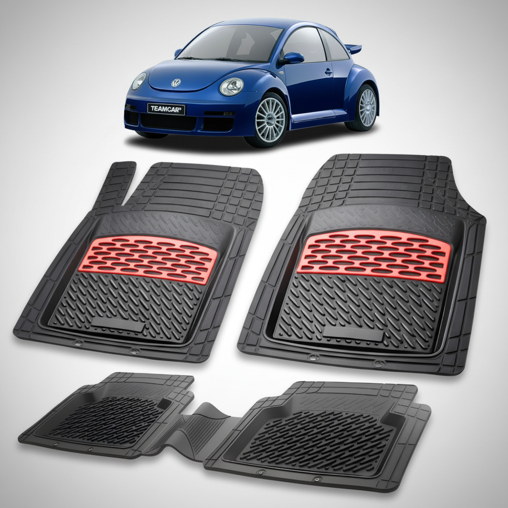 set de covorase din cauciuc negre cu accente rosii cu un volkswagen new beetle albastru in fundal