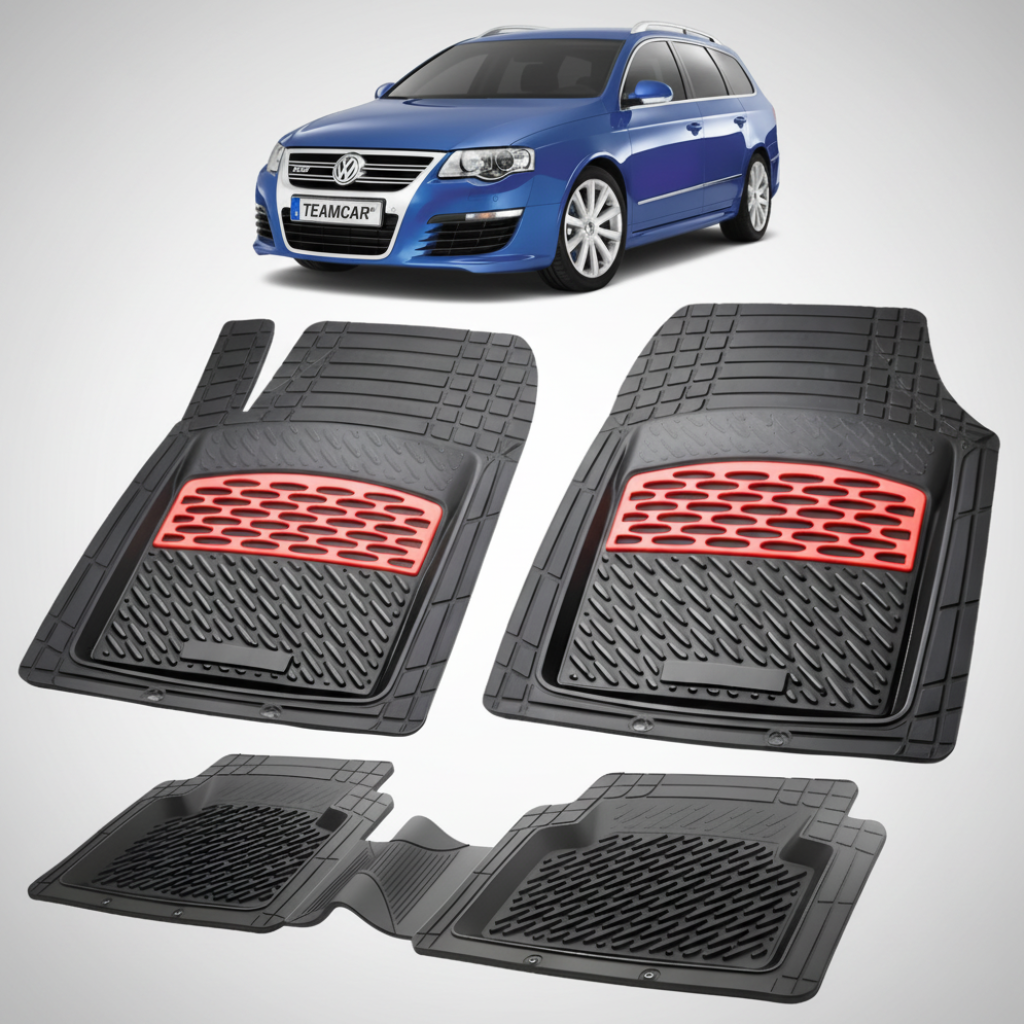 set de covorase din cauciuc negre cu accente rosii cu un Volkswagen passat b5/b6 albastru in fundal