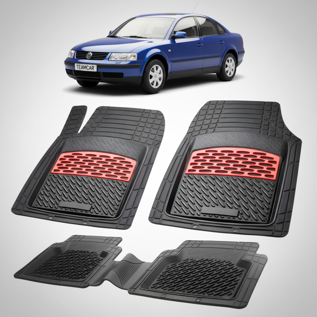set de covorase din cauciuc negre cu accente rosii cu un volkswagen passat b5 sedan albastru in fundal