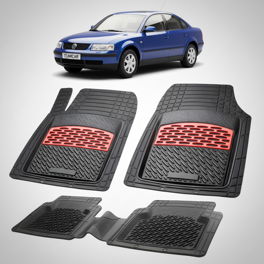 set de covorase din cauciuc negre cu accente rosii cu un volkswagen passat b5 sedan albastru in fundal