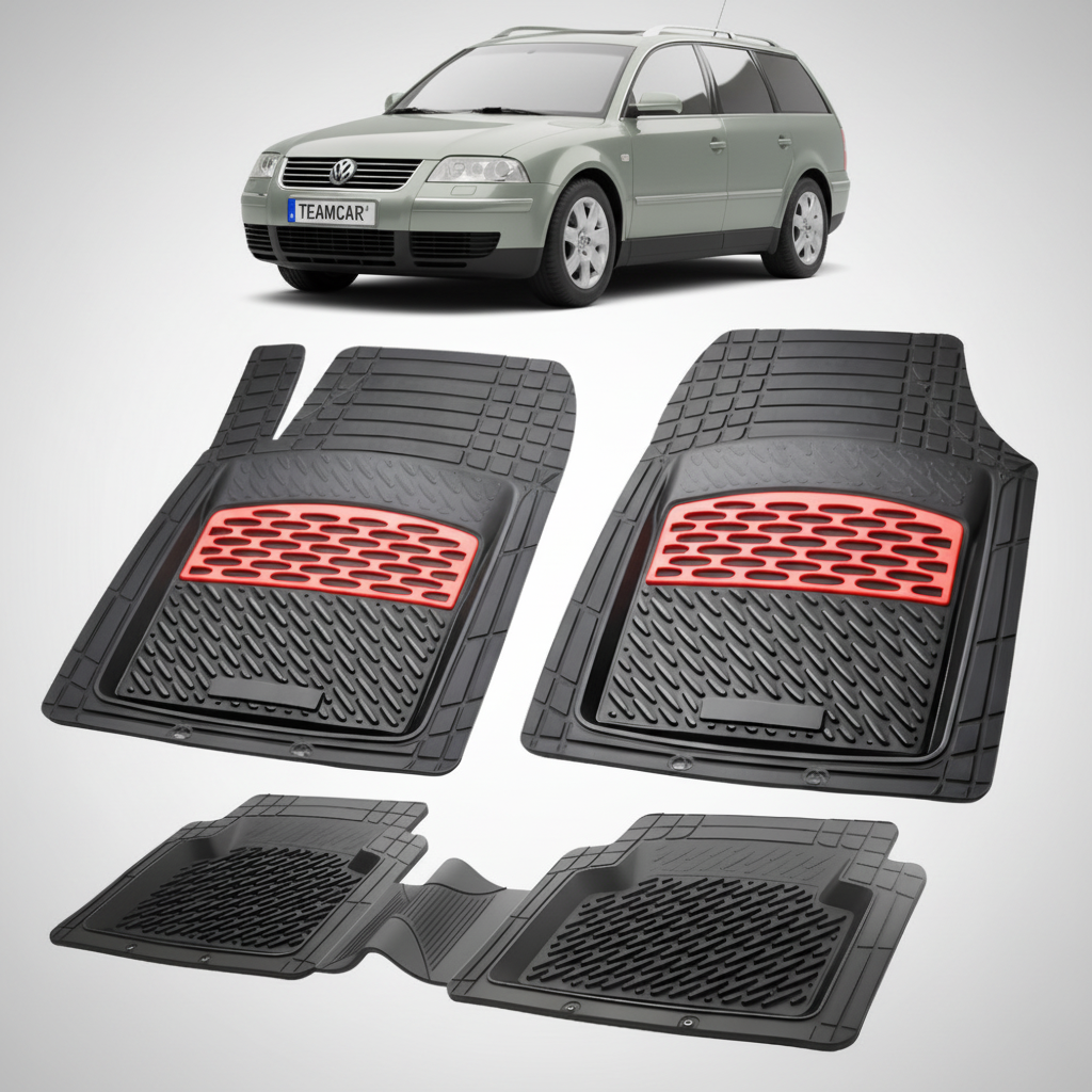set de covorase din cauciuc negre cu accente rosii cu un volkswagen passat b5 variant gri verzui in fundal