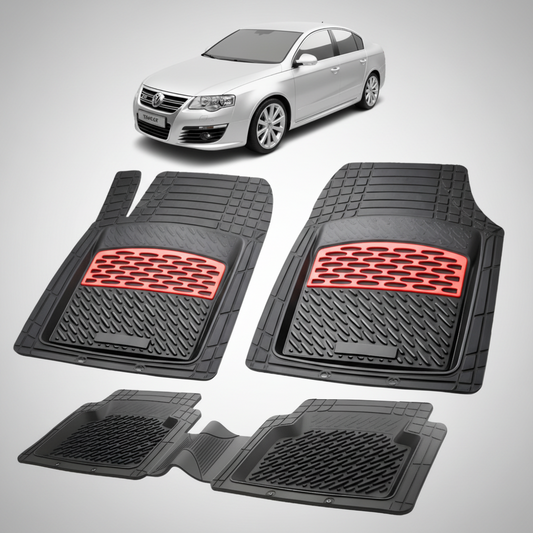 set de covorase din cauciuc negre cu accente rosii cu un Volkswagen passat b6 sedan gri in fundal