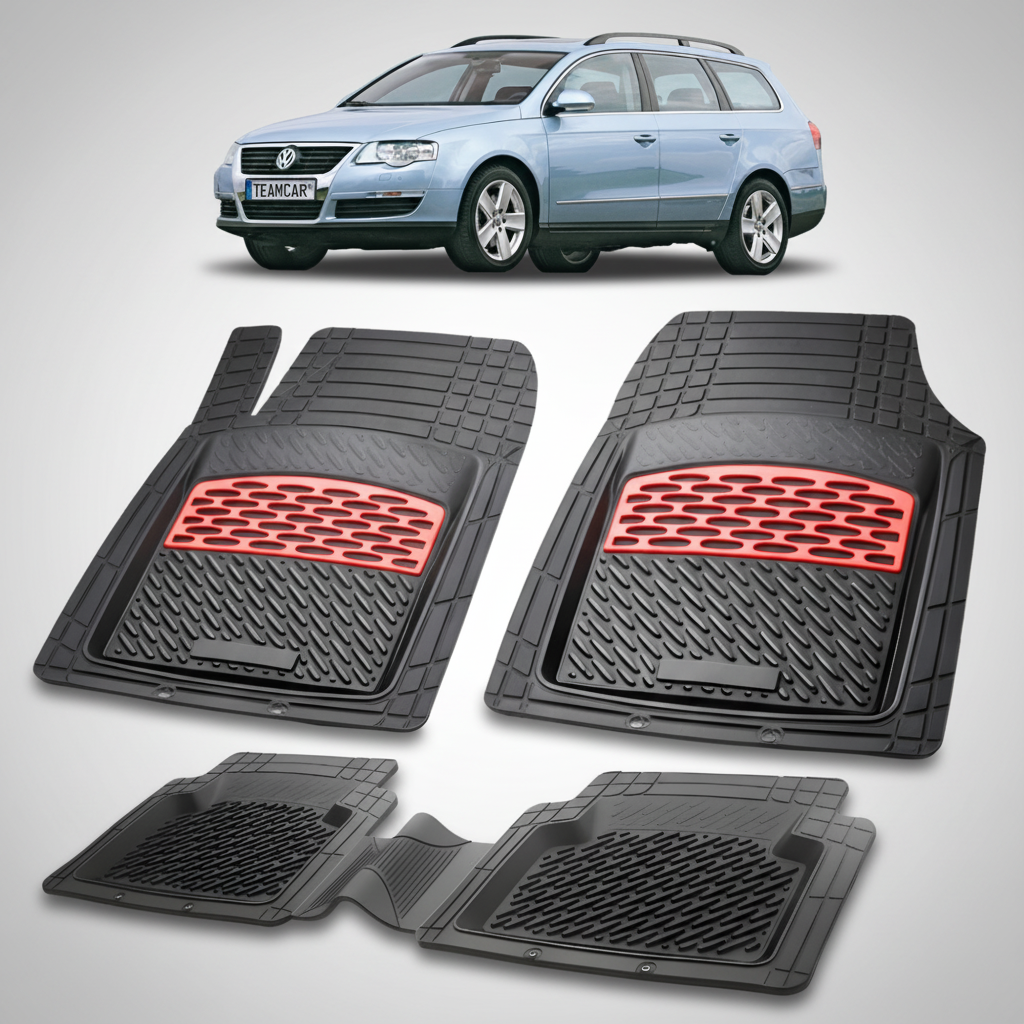 set de covorase din cauciuc negre cu accente rosii cu un Volkswagen passat b6 variant break albastru deschis in fundal