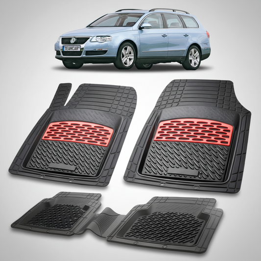 set de covorase din cauciuc negre cu accente rosii cu un Volkswagen passat b6 variant break albastru deschis in fundal
