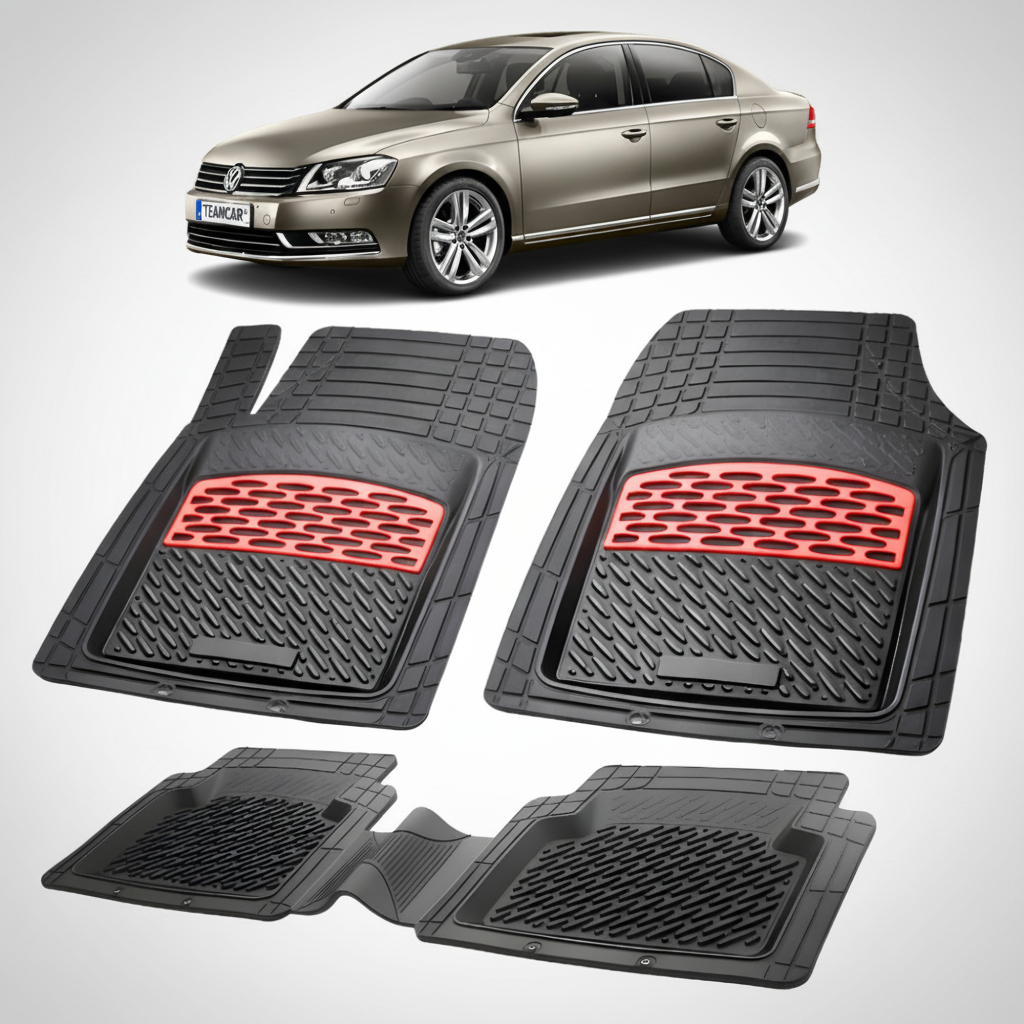 set de covorase din cauciuc negre cu accente rosii cu un Volkswagen passat b7 sedan gri metalizat in fundal