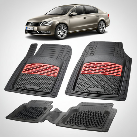 set de covorase din cauciuc negre cu accente rosii cu un Volkswagen passat b7 sedan gri metalizat in fundal