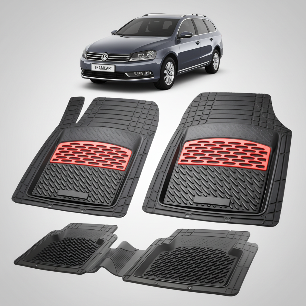 set de covorase din cauciuc negre cu accente rosii cu un volkswagen passat b7 variant break gri inchis metalizat in fundal
