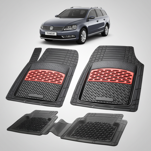 set de covorase din cauciuc negre cu accente rosii cu un volkswagen passat b7 variant break gri inchis metalizat in fundal