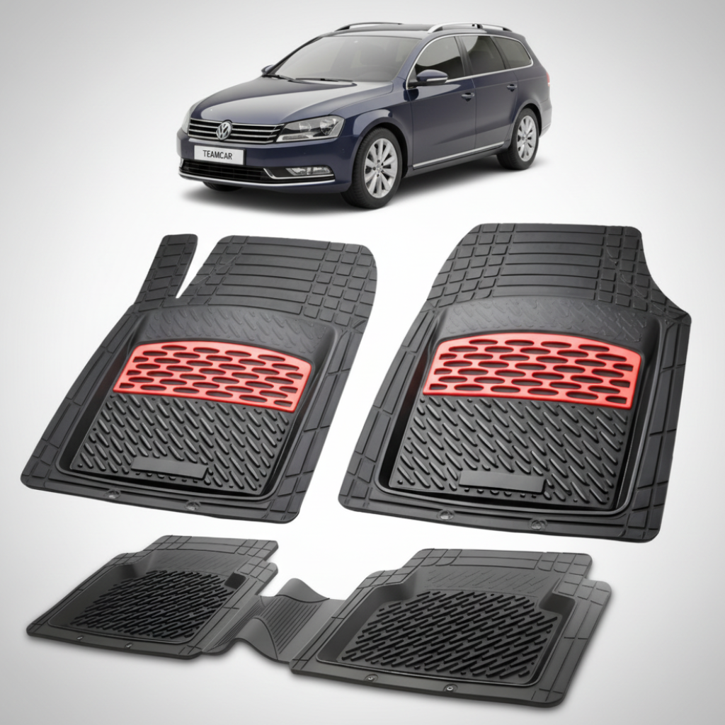 set de covorase din cauciuc negre cu accente rosii cu un Volkswagen passat b7 variant albastru inchis in fundal