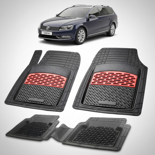 set de covorase din cauciuc negre cu accente rosii cu un Volkswagen passat b7 variant albastru inchis in fundal
