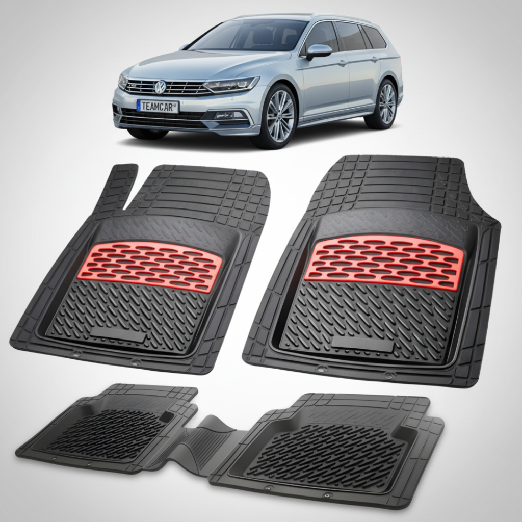 set de covorase din cauciuc negre cu accente rosii cu un volkswagen passat b8 combi gri metalizat in fundal